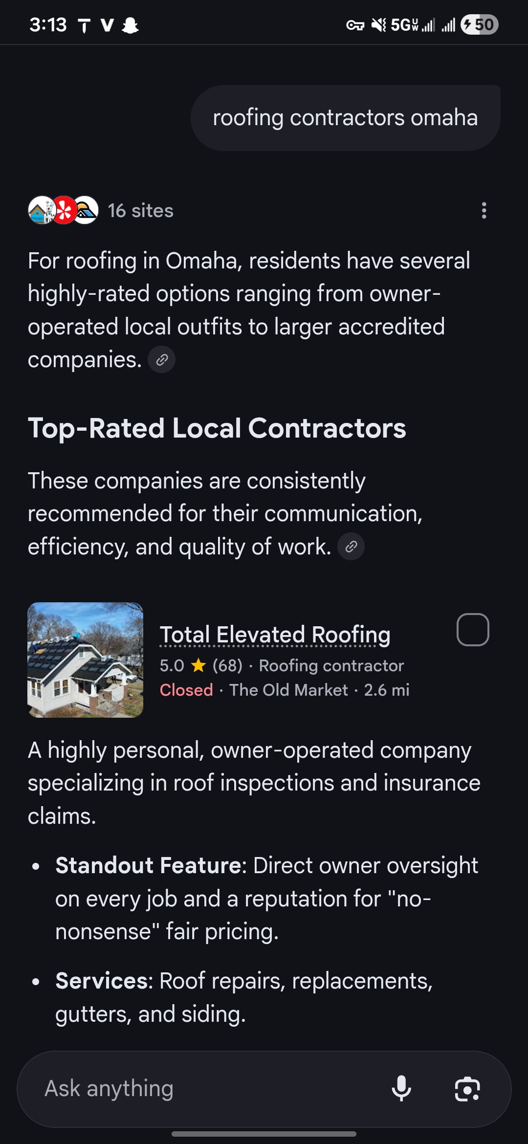Total Elevated Roofing appearing first in AI search for roofing contractors Omaha